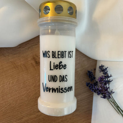 Grabkerze 'Was bleibt ist Liebe und das Vermissen' | 70h Brenndauer